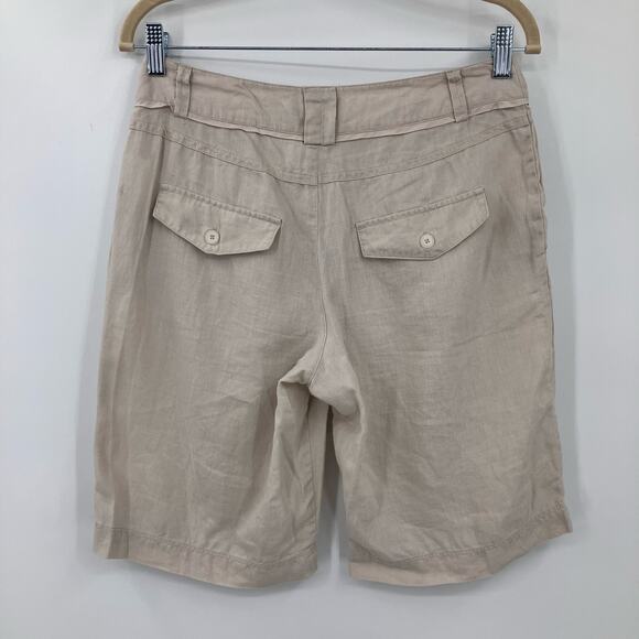 Noa Noa Cream Tan Khaki Lightweight Pleated Front Zip Button Linen Bermuda Short - Picture 3 of 8